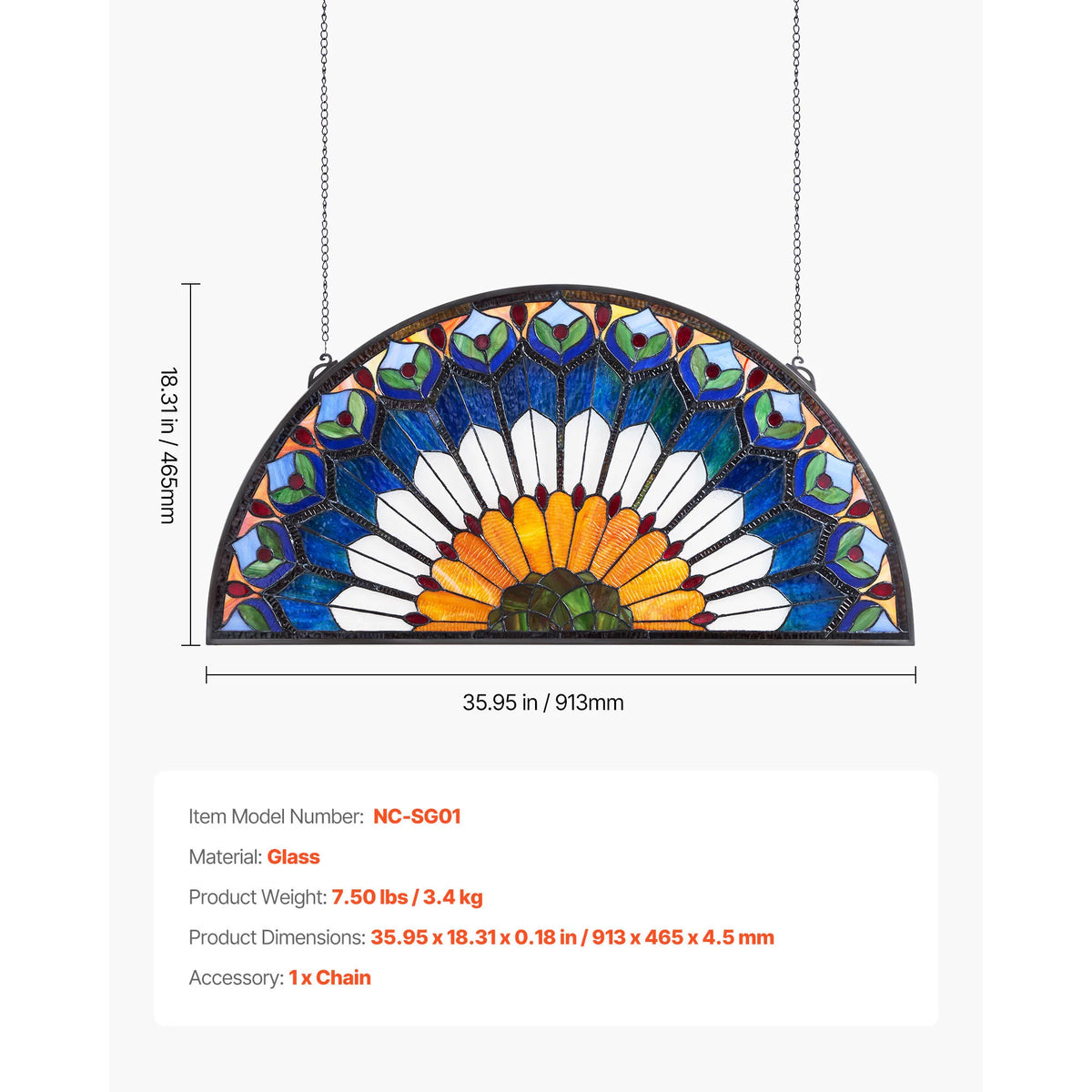 SucceBuy Tiffany Style Stained Glass Hanging Transom Window Panel