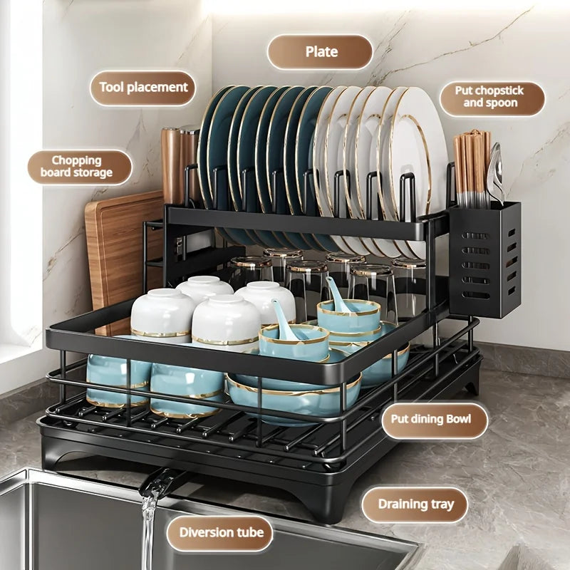 AEHOME Two Tier Expandable Dish Rack With Drainboard And Organizer