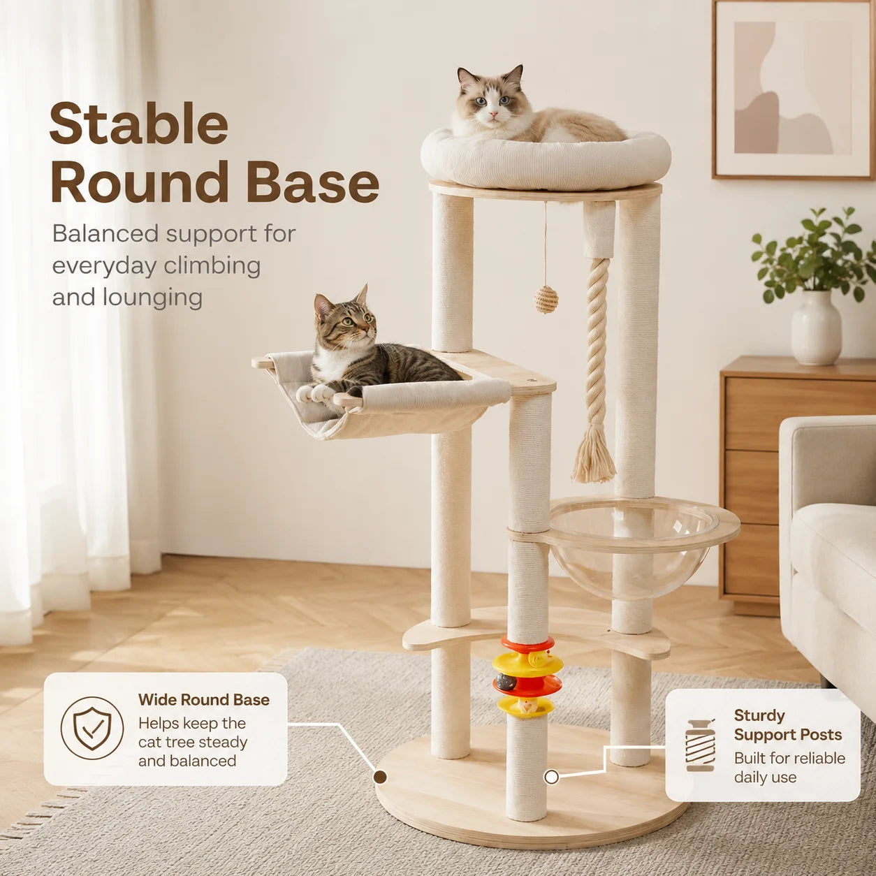Sturdy Wooden Cat Tree With Space Capsule Hanging Ball Perch