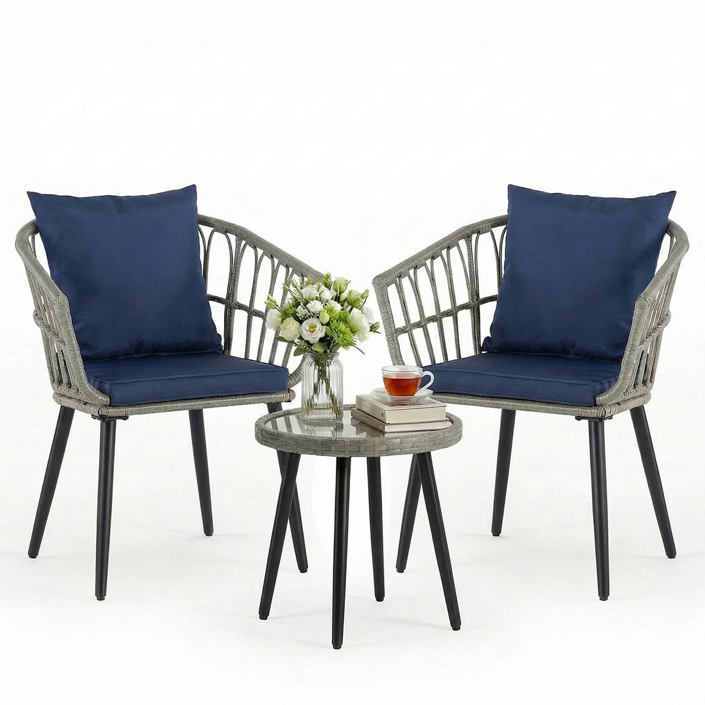 JHK Wicker Outdoor Patio Set With Cushions And Glass Table