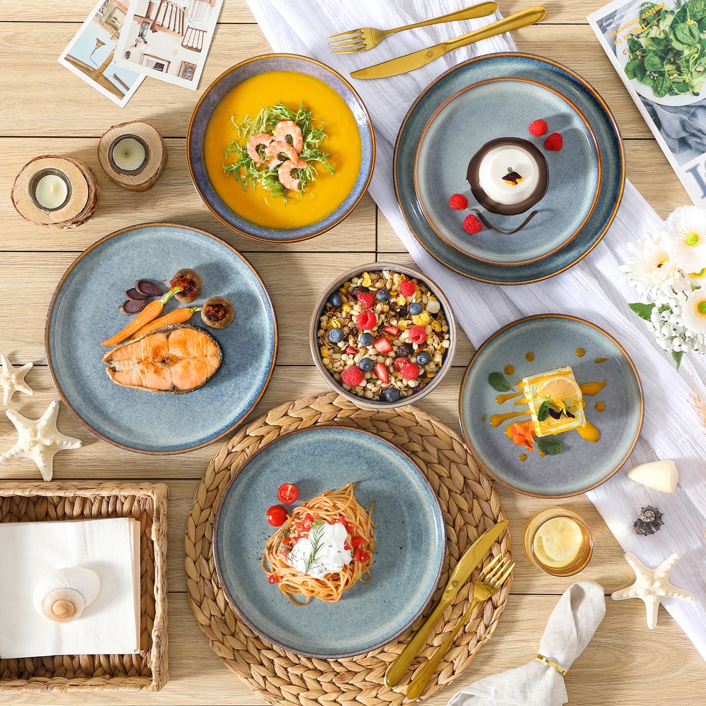 MALACASA Stoneware Dinnerware Set With Reactive Glaze