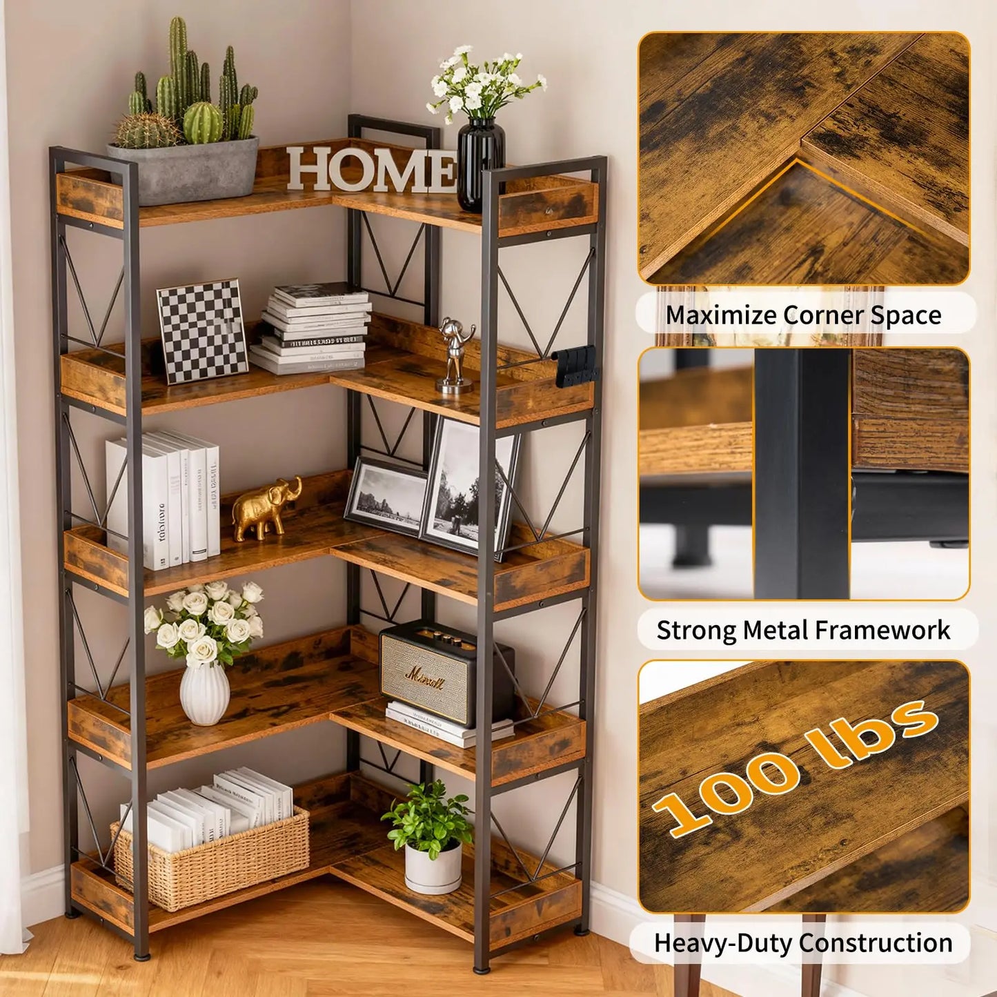JHK Modern Wooden Corner Bookshelf With Metal Frame And Hooks