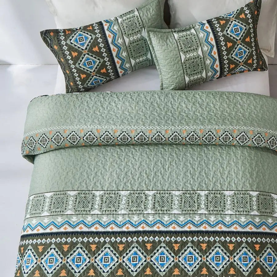 Boho Quilt Set Bedspread Coverlet 3 Piece With Geometric Print