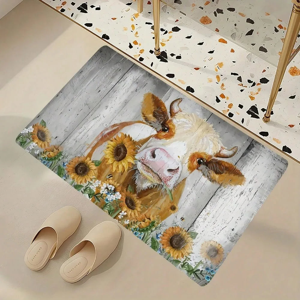 Farmhouse Cow Doormat Sunflower Print Non Slip Absorbent Floor Mat