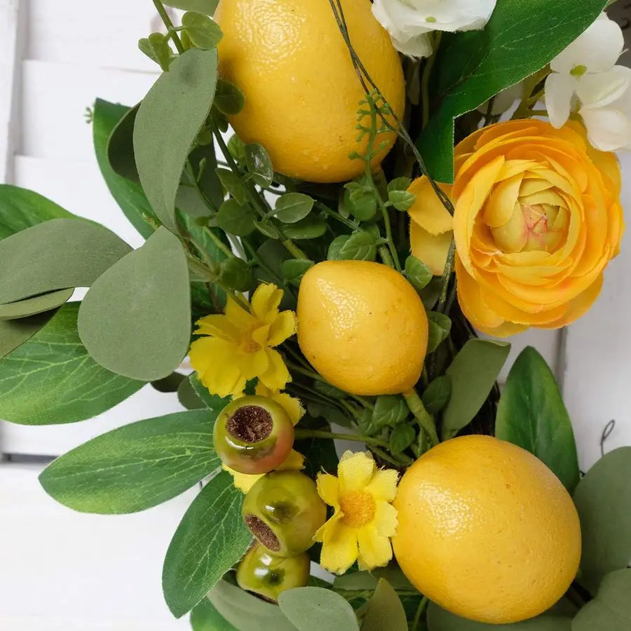 Artificial Lemon Wreath With Peony Hydrangea Berries Grapevine
