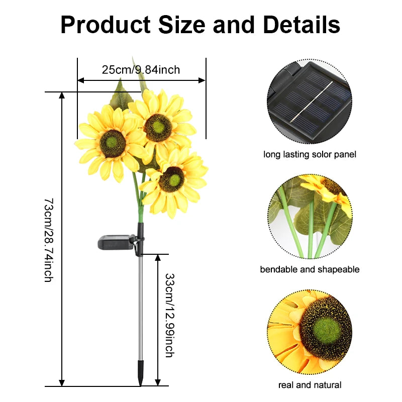 FAMCDC Solar Powered Sunflower Garden Light 3 Head Waterproof Outdoor