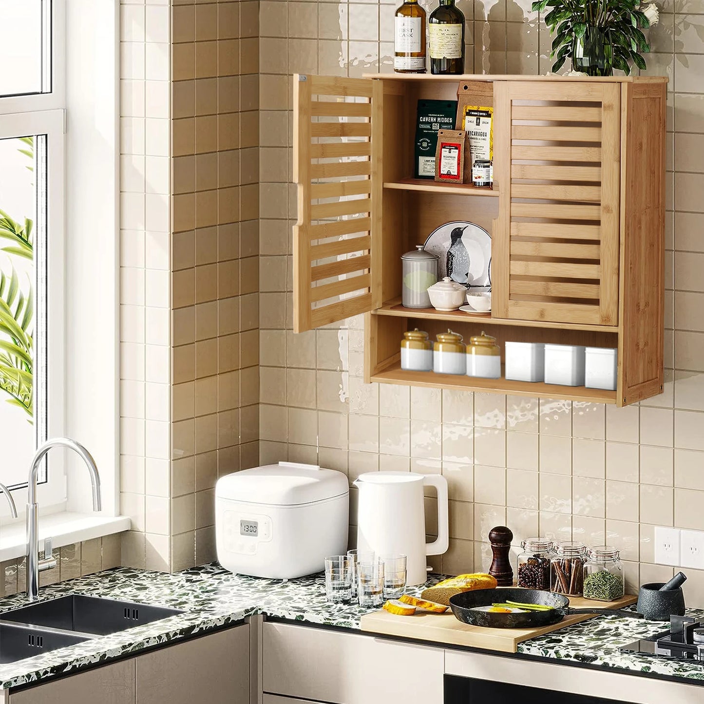Bamboo Wall Mounted Cabinet With Adjustable Shelves Double Door Medicine Cabinet