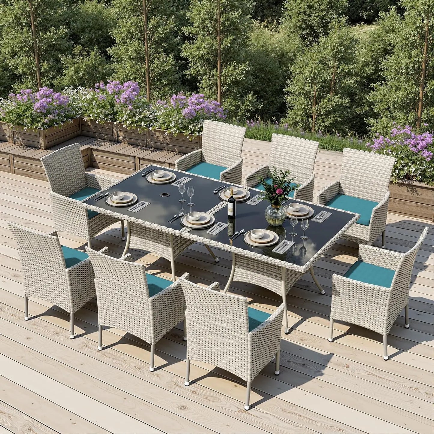 Outdoor Dining Set With Tempered Glass Table And Cushioned Chairs
