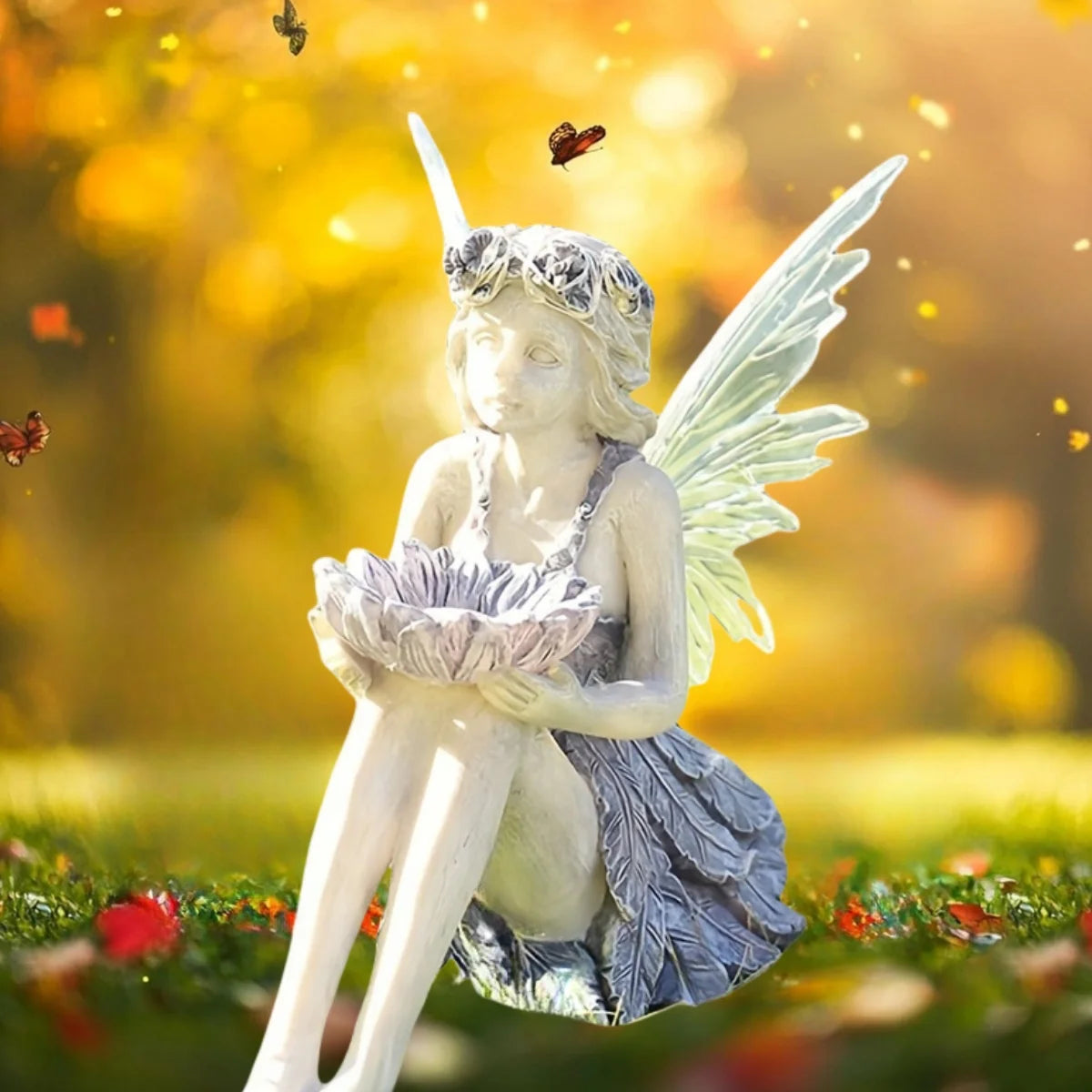 Solar Fairy Garden Statue Light for Outdoor Decoration Resin Flower