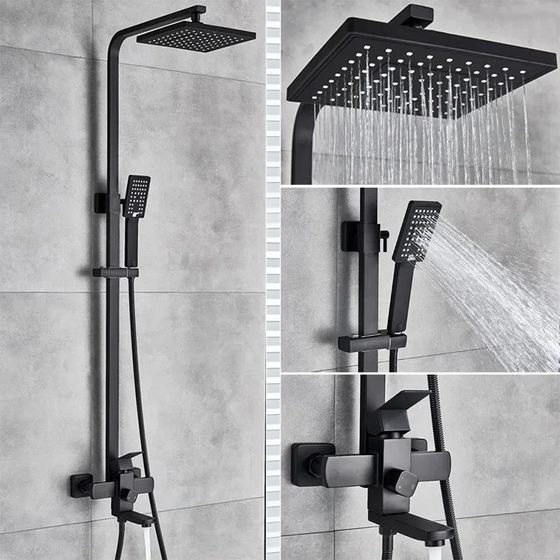 Shinesia Black Luxury Wall Mounted Square Rainfall Shower Faucet