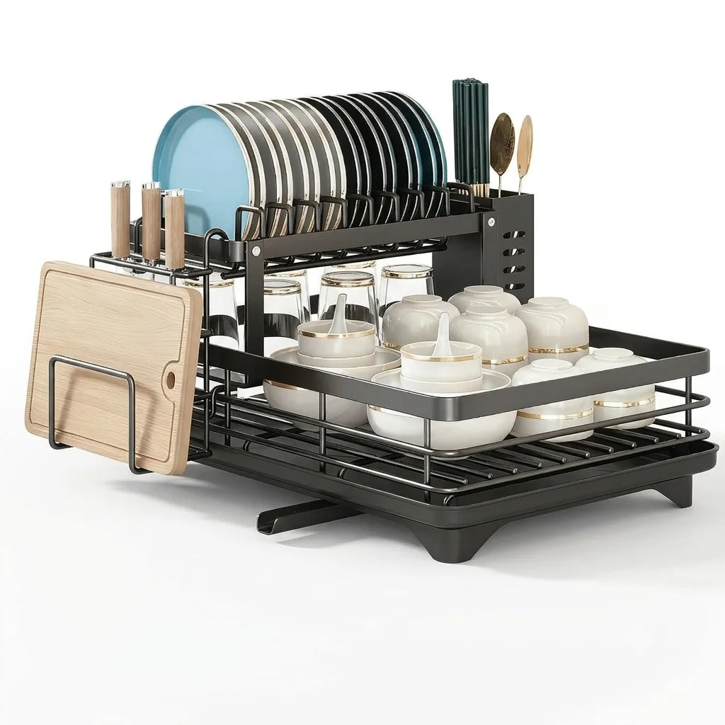 AEHOME Two Tier Expandable Dish Rack With Drainboard And Organizer
