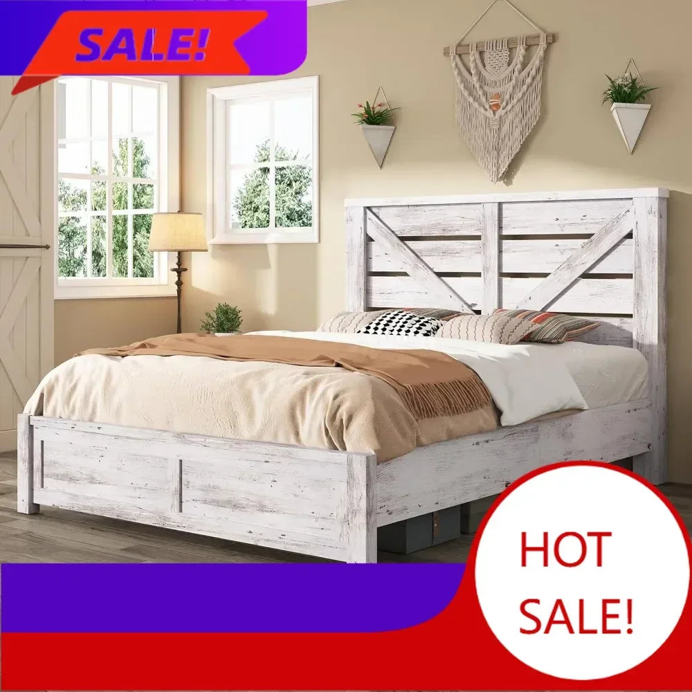 Farmhouse Bed Frame With Barn Door Headboard And Wood Slats