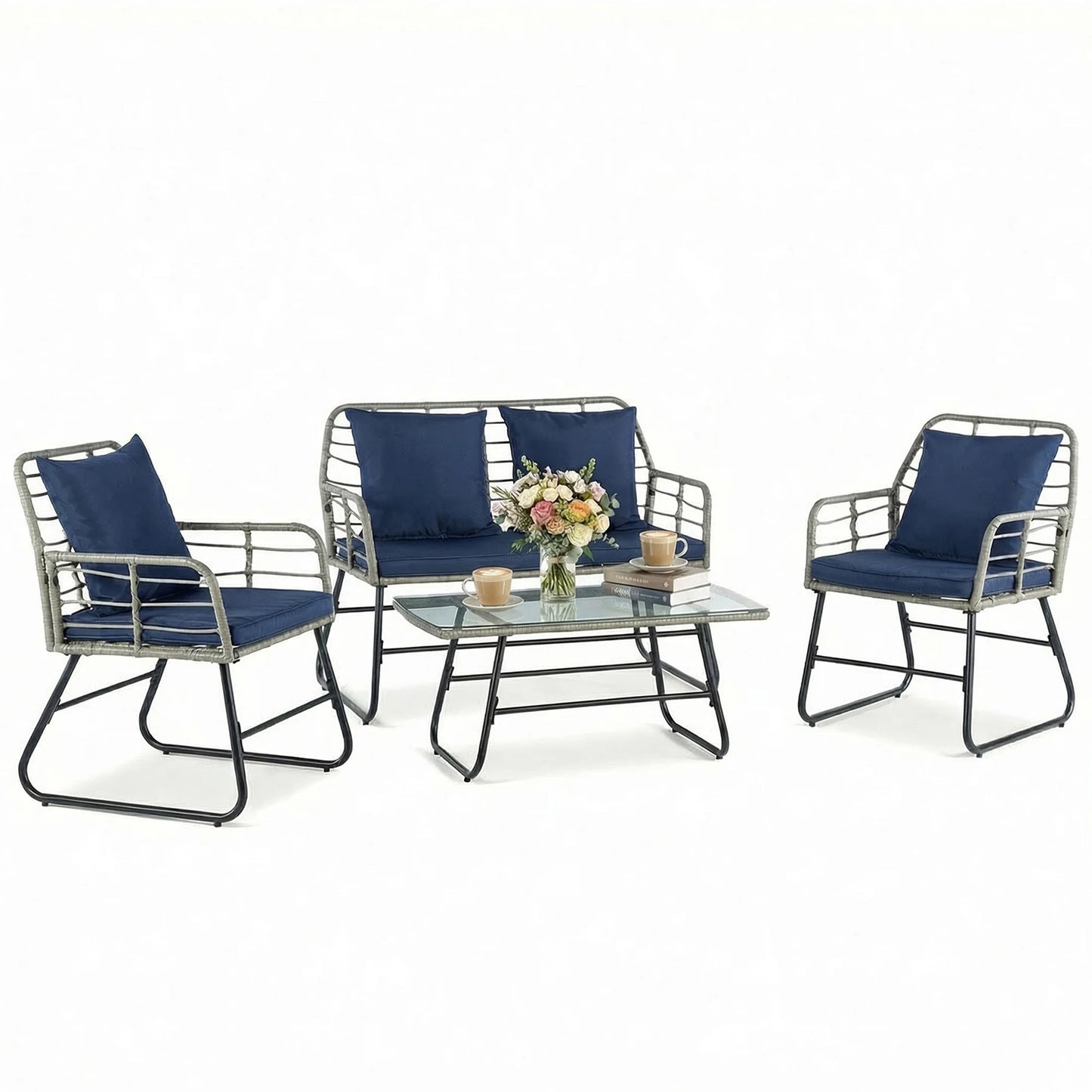 Outdoor Wicker Patio Furniture Set 4 Pieces With Glass Table And Cushions