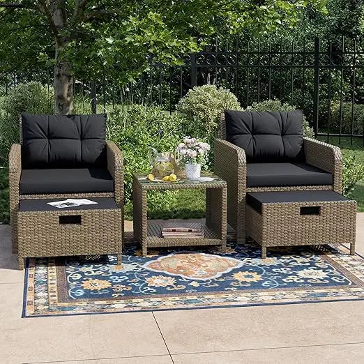 5 Piece Patio Conversation Set PE Wicker With Glass Table