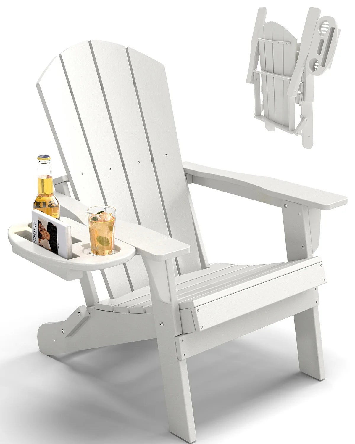 FOOWIN Folding Adirondack Chair Weather Resistant HDPE With Cup Holder
