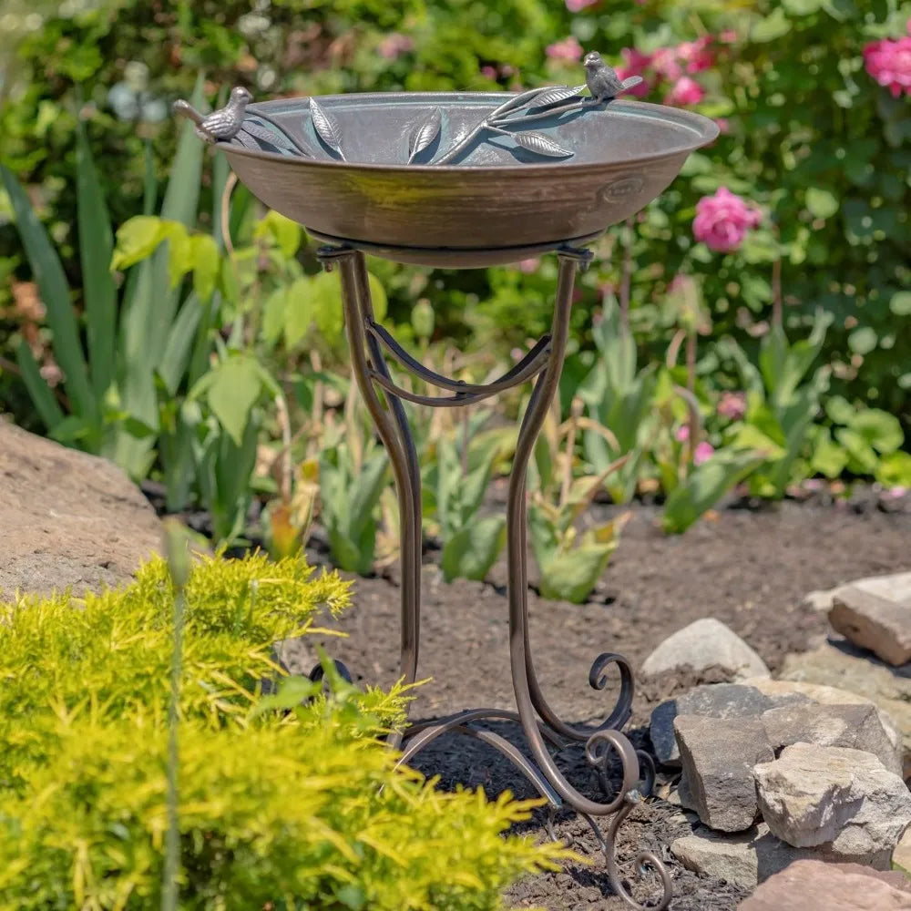 Metal Birdbath With Two Cast Iron Birds And Leaf Decoration