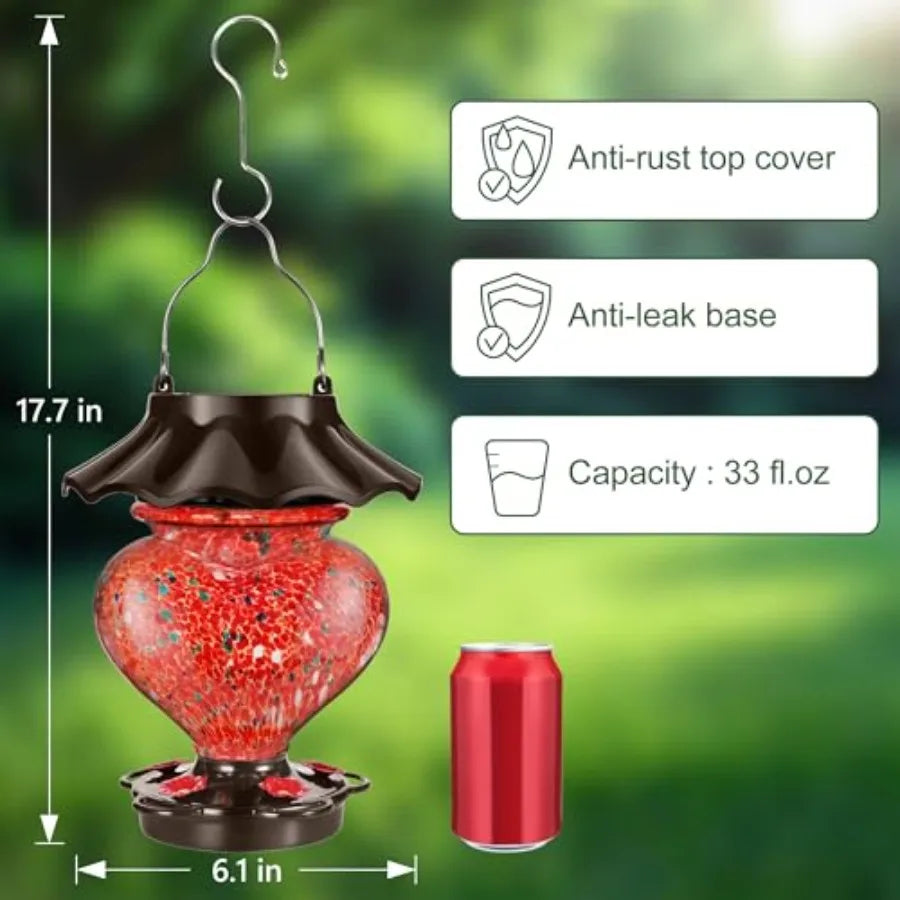 SHXI Solar Hummingbird Feeder Outdoor Hanging Heart-Shaped Glass