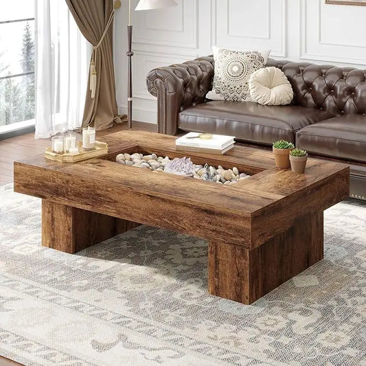 XIUWO Rustic Wood Coffee Table With Storage Featuring LED Light