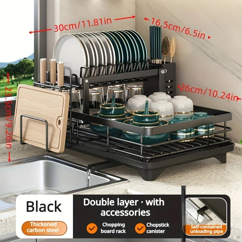 AEHOME Two Tier Expandable Dish Rack With Drainboard And Organizer