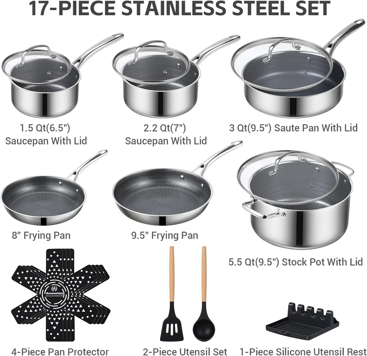 Nonstick Stainless Steel Cookware Set Hybrid Ceramic Coating Induction Ready