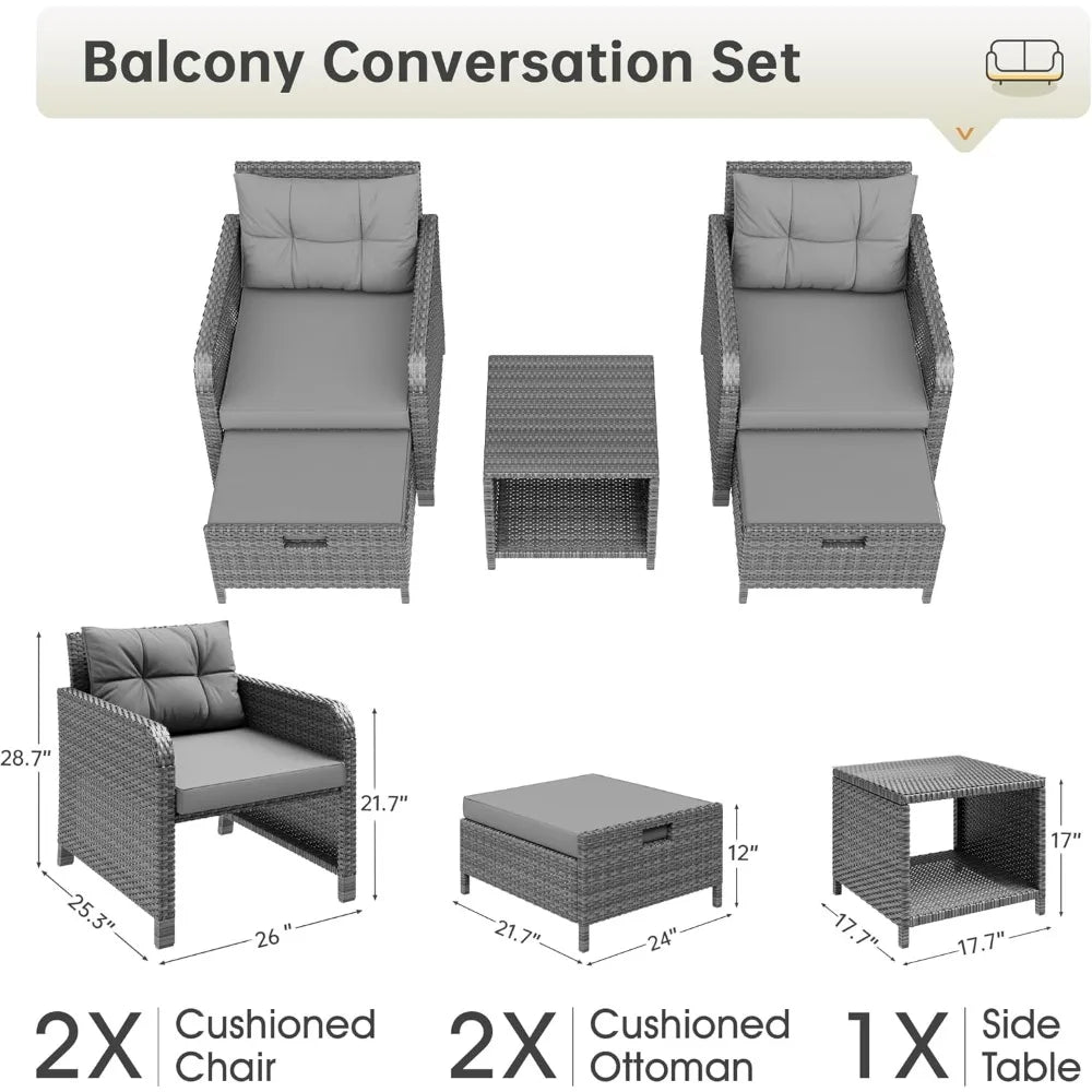 5 Piece Patio Conversation Set PE Wicker With Glass Table
