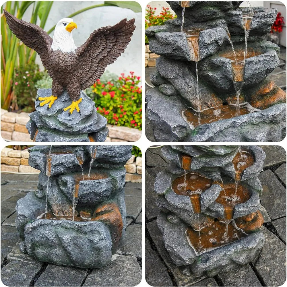 YZM Bald Eagle Outdoor Fountain Tiered Cascading Rock Feature