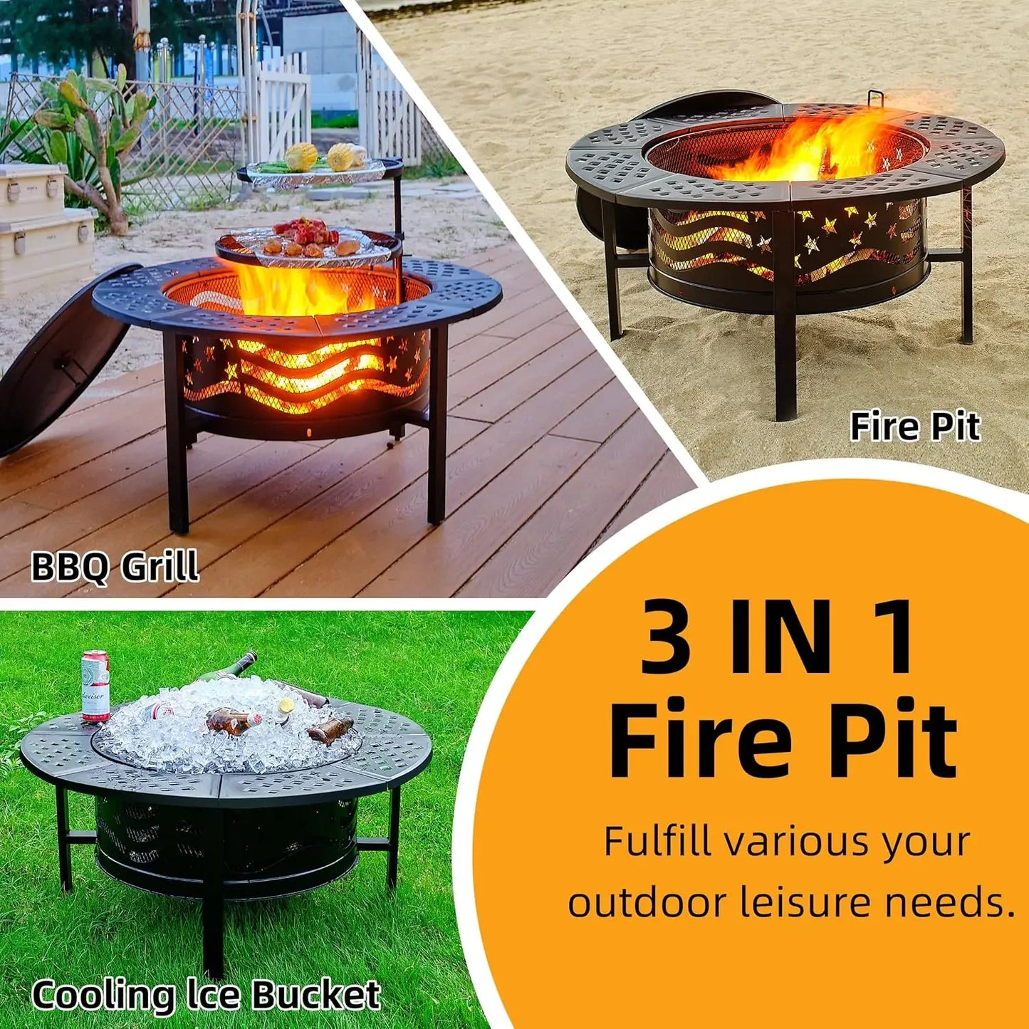 Outdoor Fire Pit With Grills Heavy Duty Metal Construction