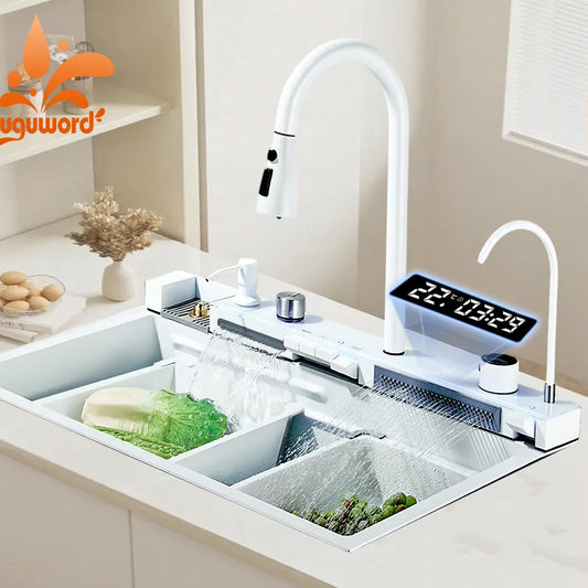 Suguword 304 Stainless Steel Waterfall Kitchen Faucet Set with SoapDispenser