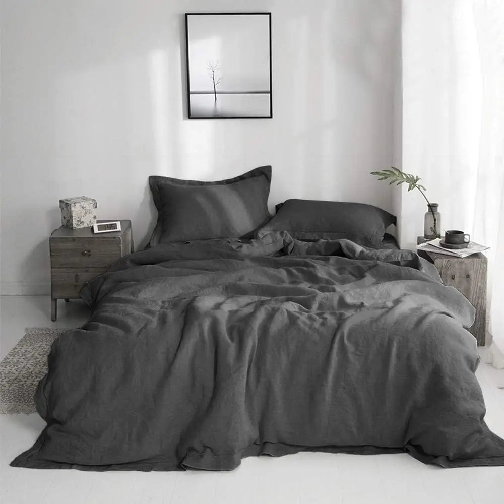Simple&Opulence Linen Bedding Set With Embroidered Border And Duvet Cover