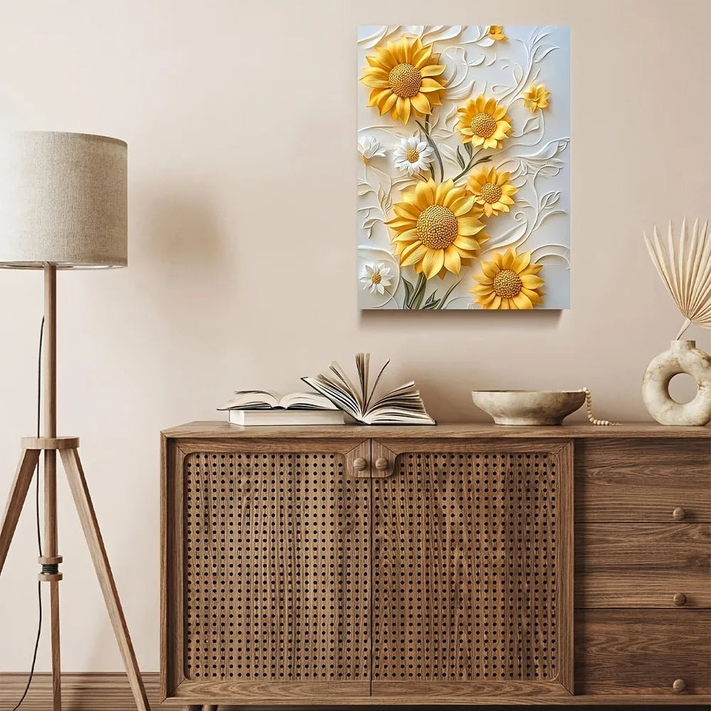 Sunflower Canvas Art With Wood Frame 3D Relief Wall Decor