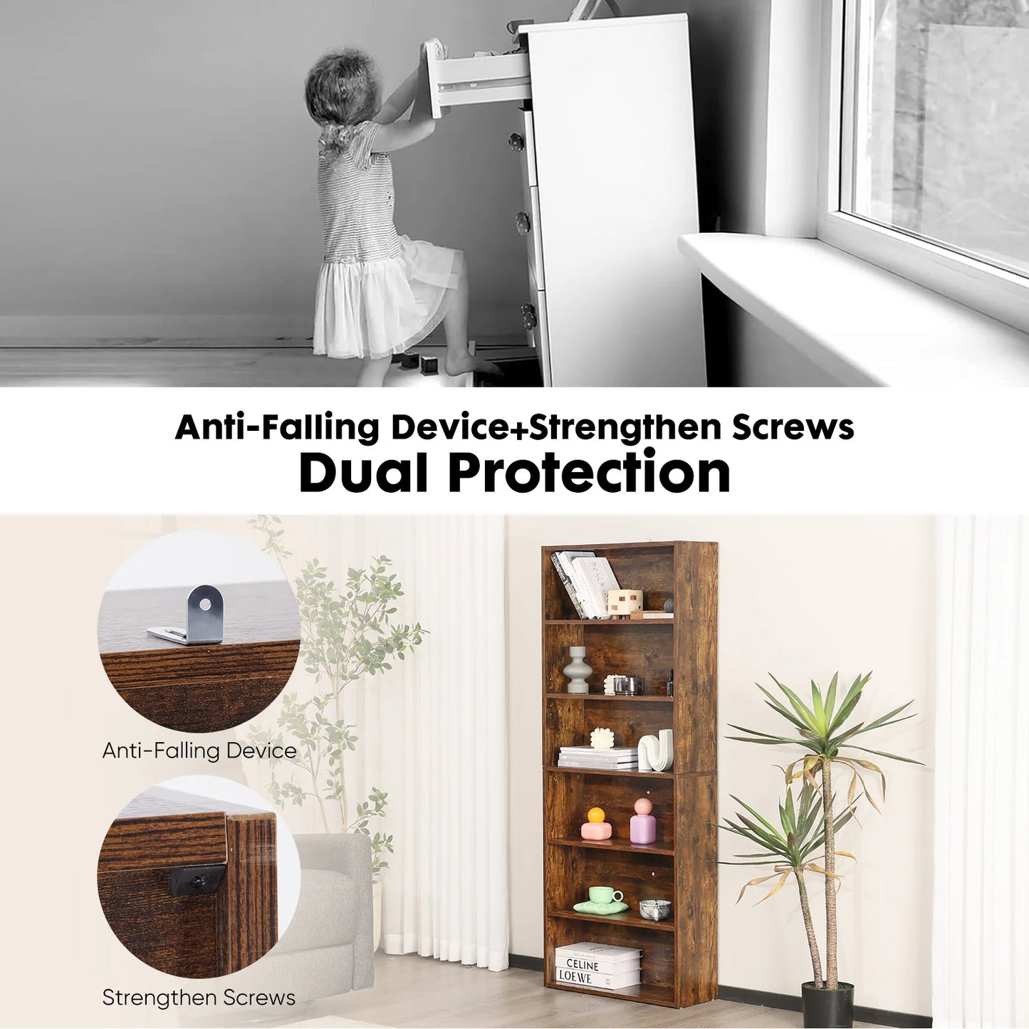 JHK Six Tier Wooden Bookcase For Home Office Storage