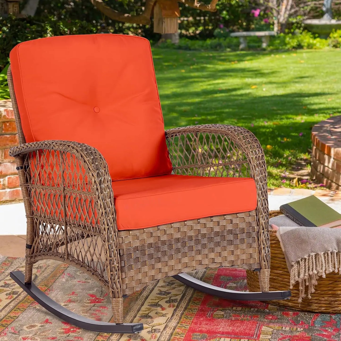 All Weather Wicker Rocking Chair For Garden High Back Outdoor Patio