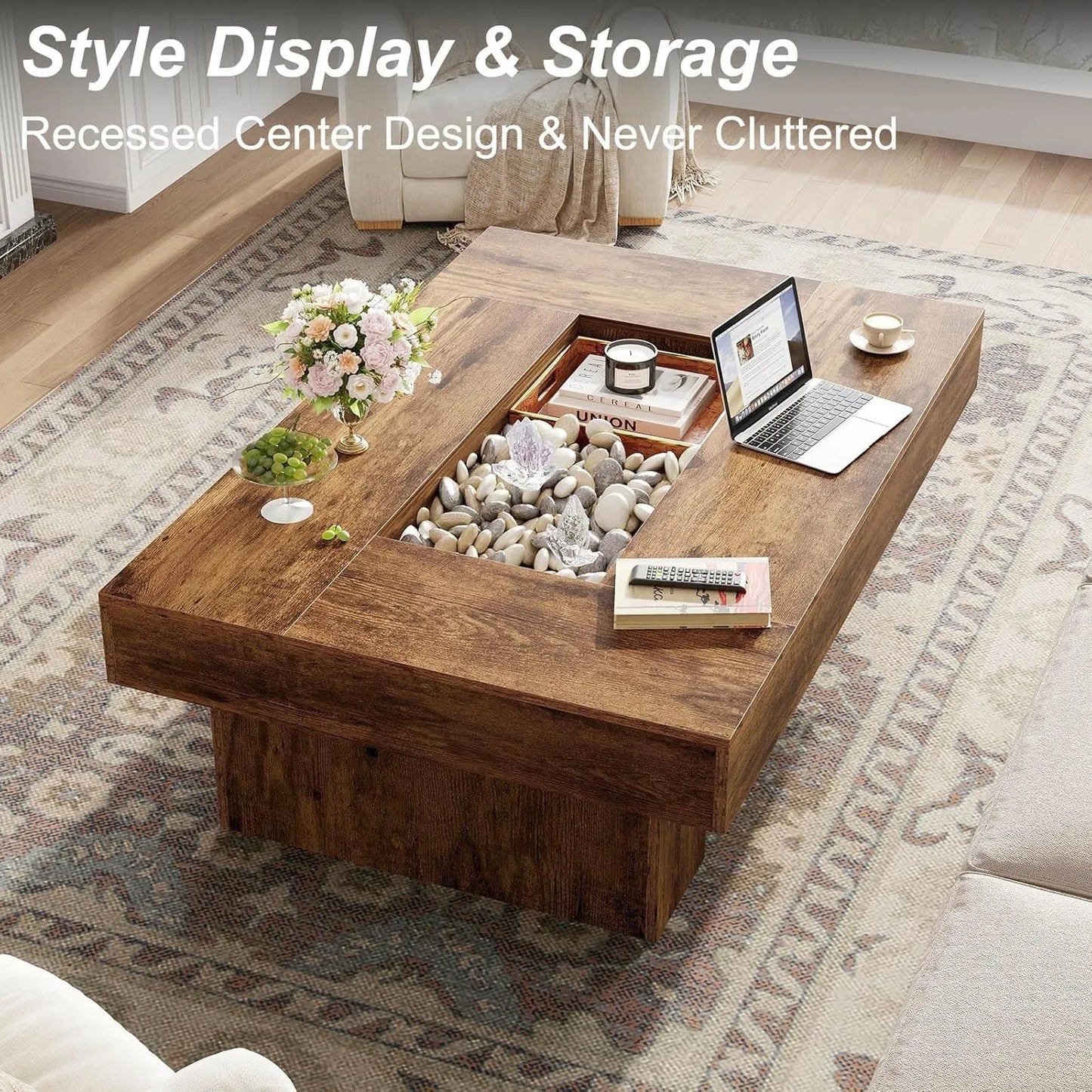 XIUWO Rustic Wood Coffee Table With Storage Featuring LED Light