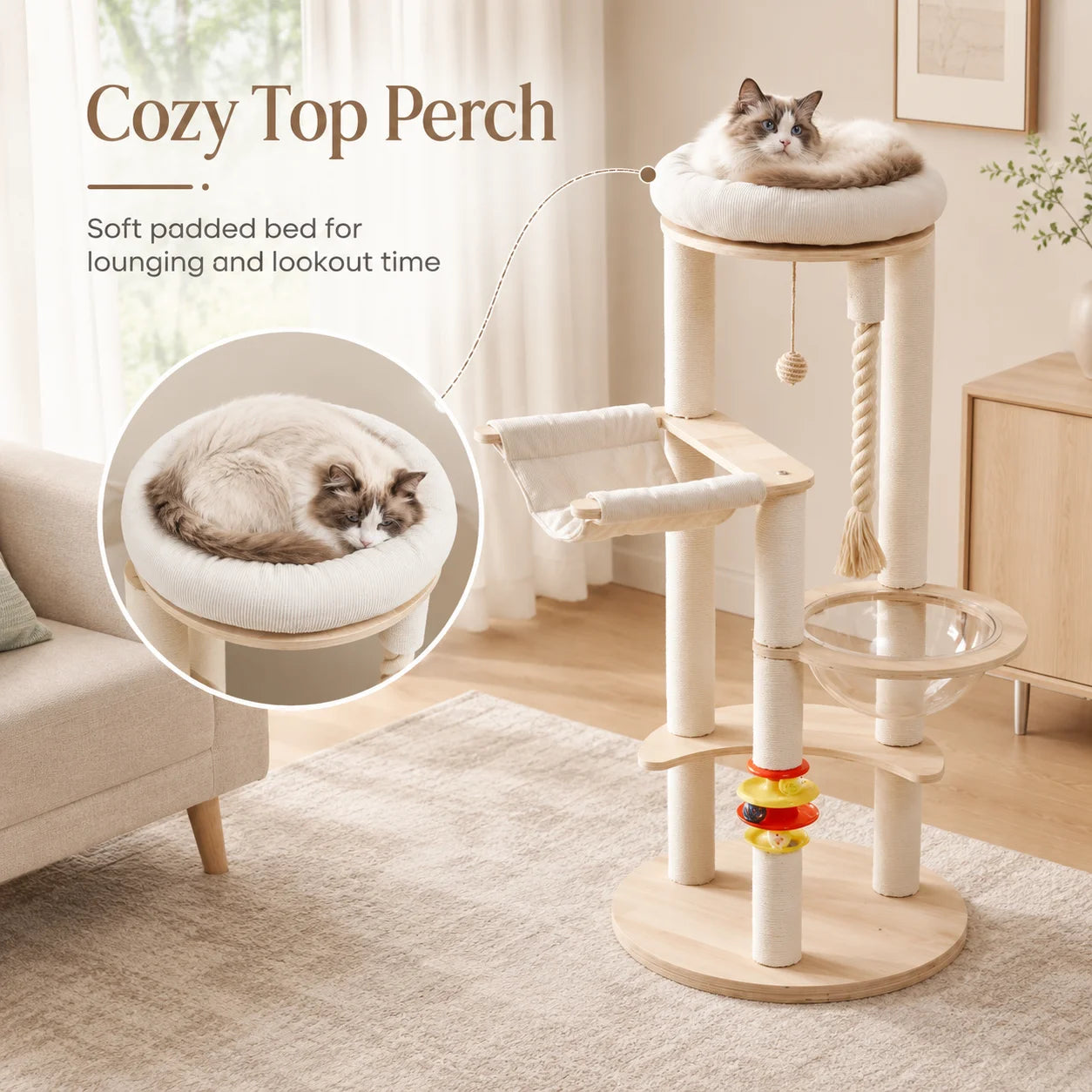Sturdy Wooden Cat Tree With Space Capsule Hanging Ball Perch