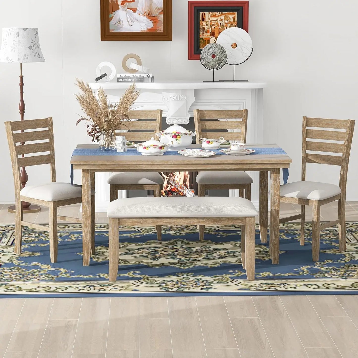 Retro 6-Piece Dining Set With Bench And Four Chairs