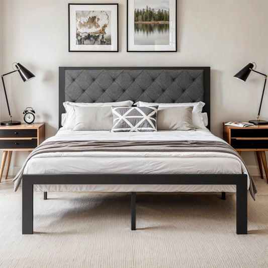 Hoomic Metal Bed Frame With Upholstered Stitched Linen Headboard