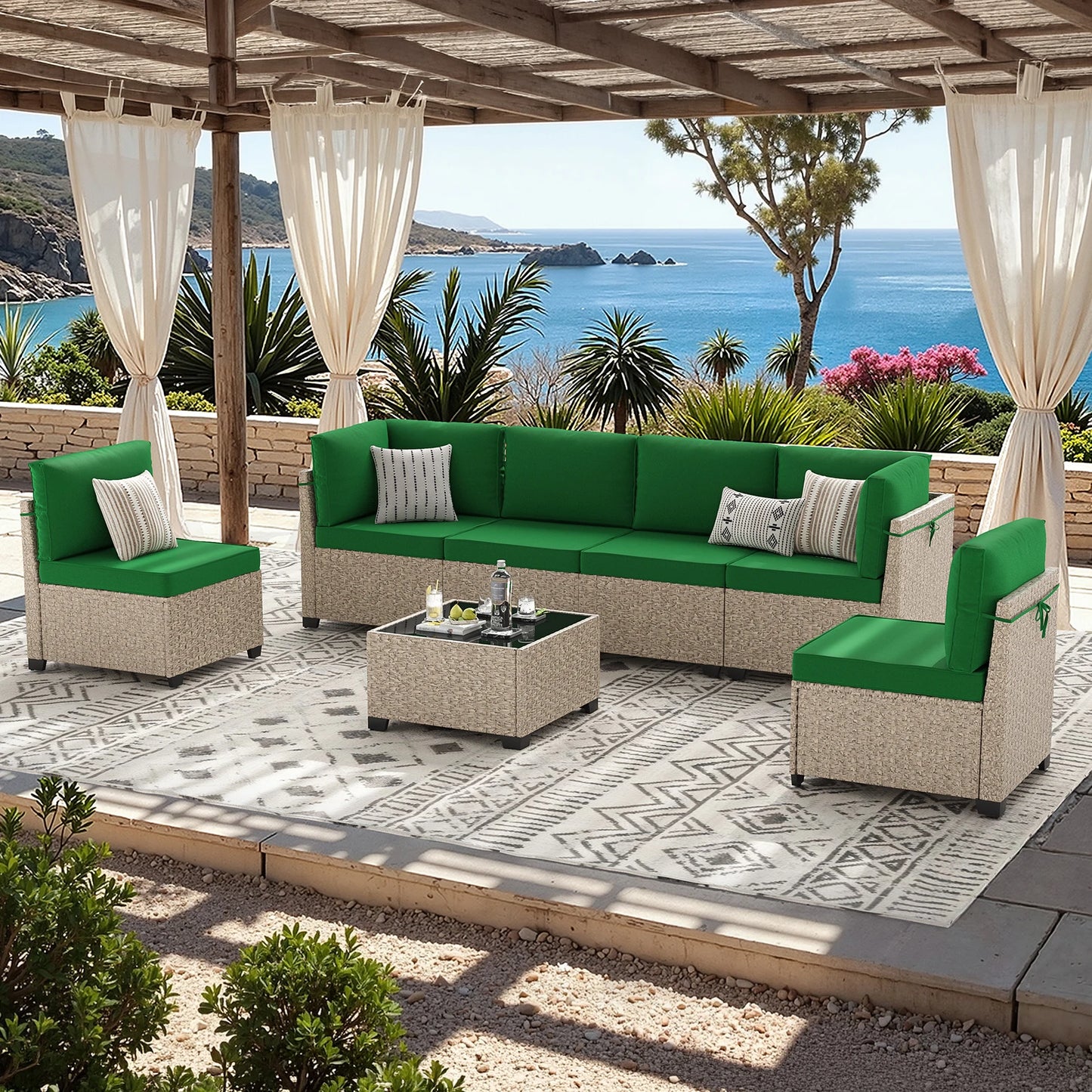 Outdoor Rattan 7-Piece Patio Furniture Set With Tempered Glass Table
