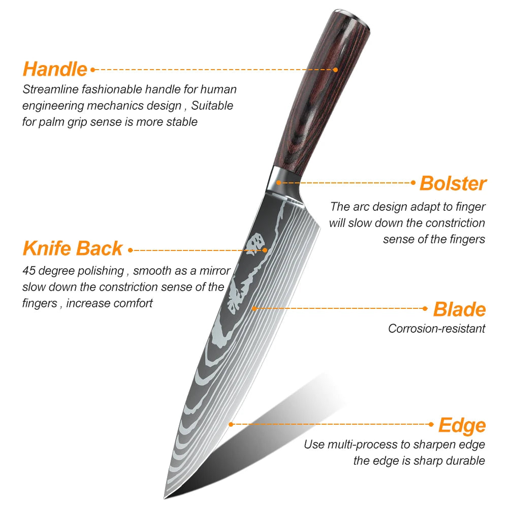 MDHAND Stainless Steel Chef Knife Set With Damascus Pattern