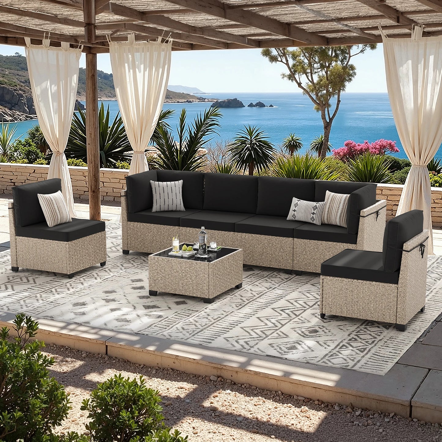Outdoor Rattan 7-Piece Patio Furniture Set With Tempered Glass Table