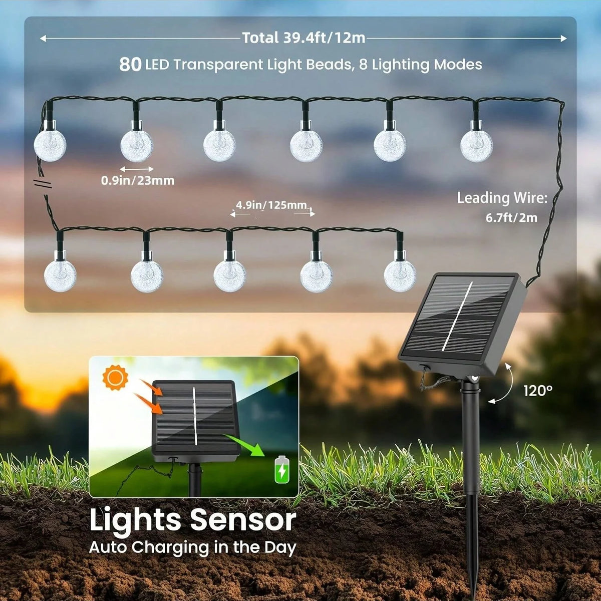 Bhony Solar Powered String Lights Outdoor Waterproof Garden Decor
