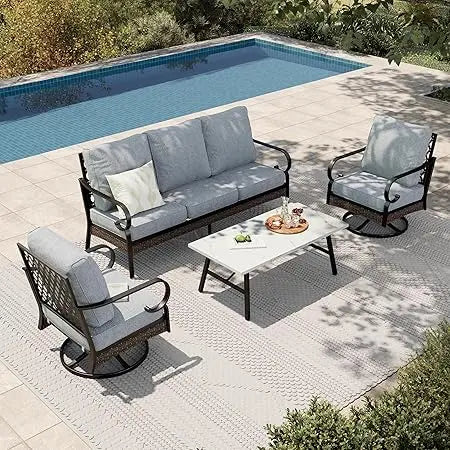 Outdoor 4-Piece Patio Set With Metal And Rattan Rocking Chairs And Marble Table