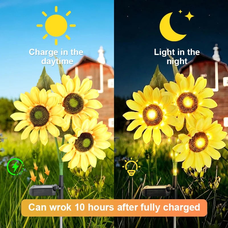 FAMCDC Solar Powered Sunflower Garden Light 3 Head Waterproof Outdoor