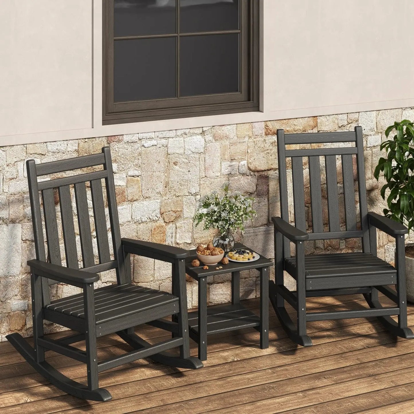 HDPE High Back Rocking Chair Set With Side Table Patio
