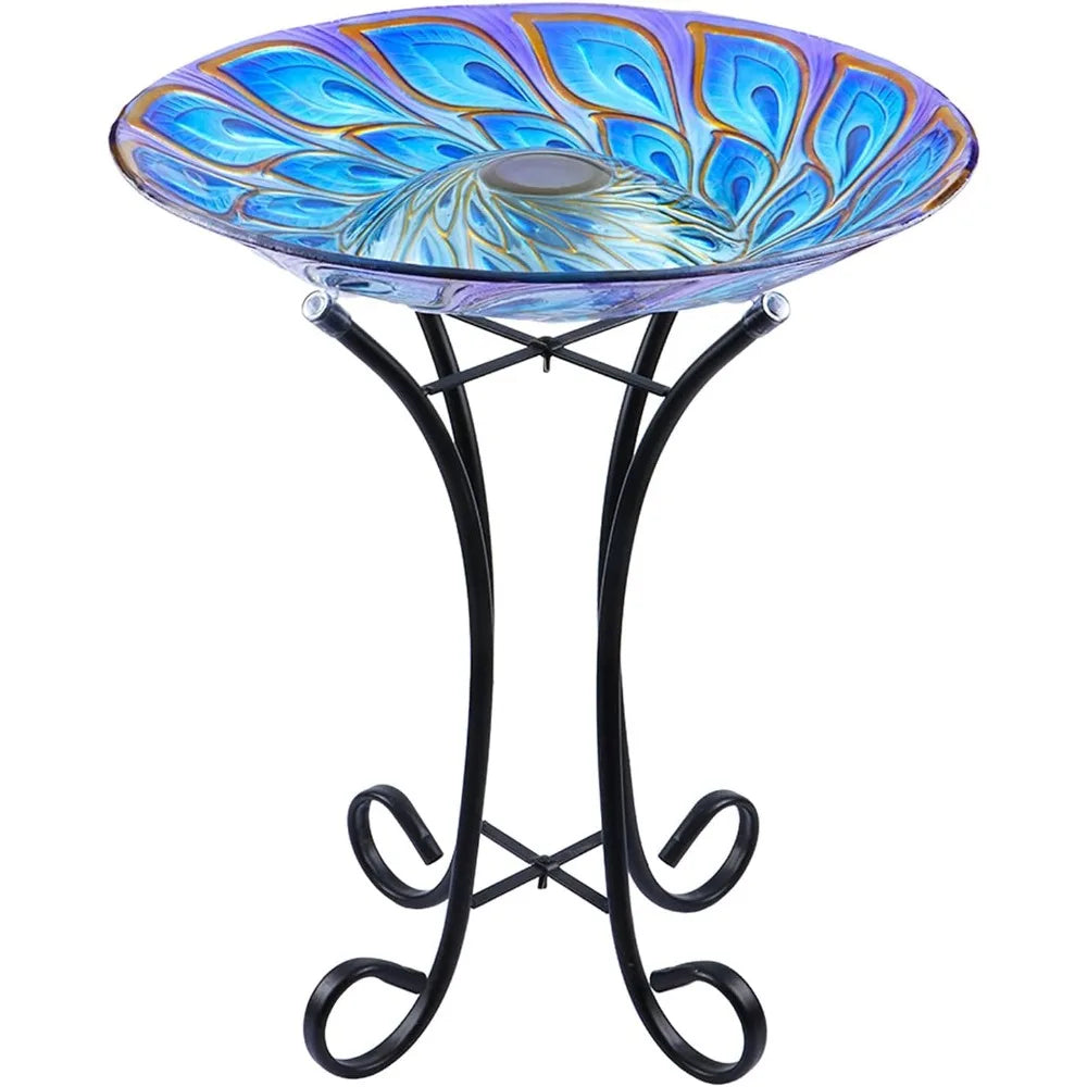 Solar Led Glass Bird Bath With Metal Stand For Garden