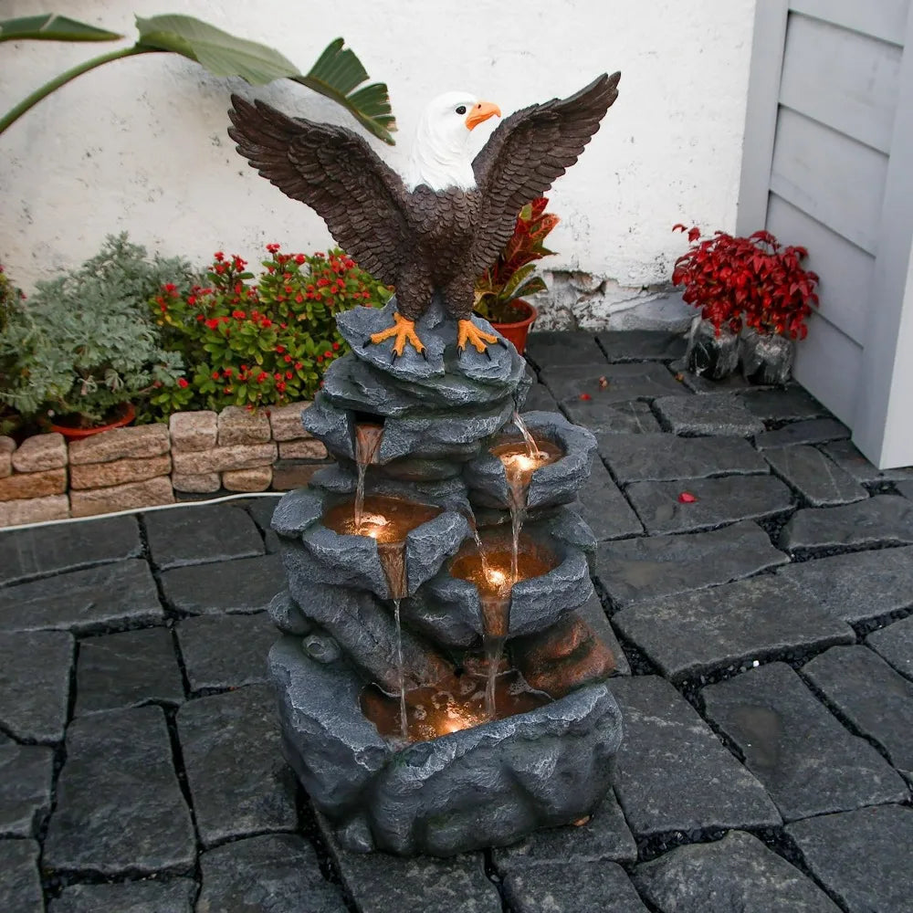 YZM Bald Eagle Outdoor Fountain Tiered Cascading Rock Feature
