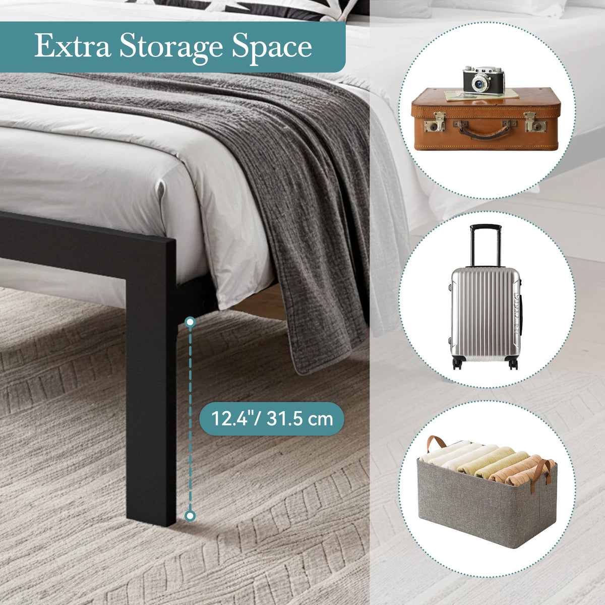 Hoomic Metal Bed Frame With Upholstered Stitched Linen Headboard