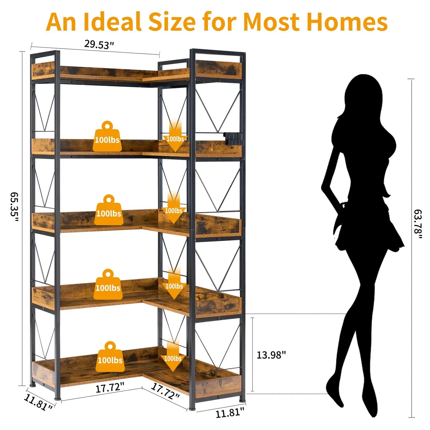 JHK Modern Wooden Corner Bookshelf With Metal Frame And Hooks