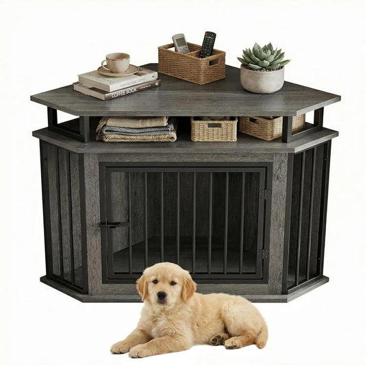 Corner Dog Crate With Two-Tier Shelves For Indoor Use