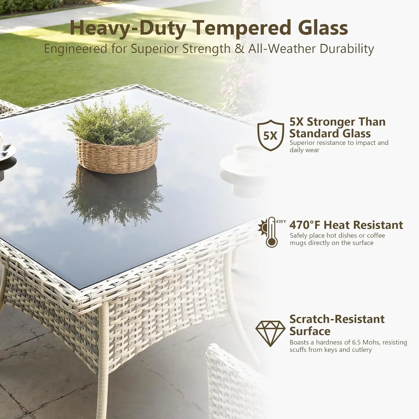 Outdoor Dining Set With Tempered Glass Table And Cushioned Chairs