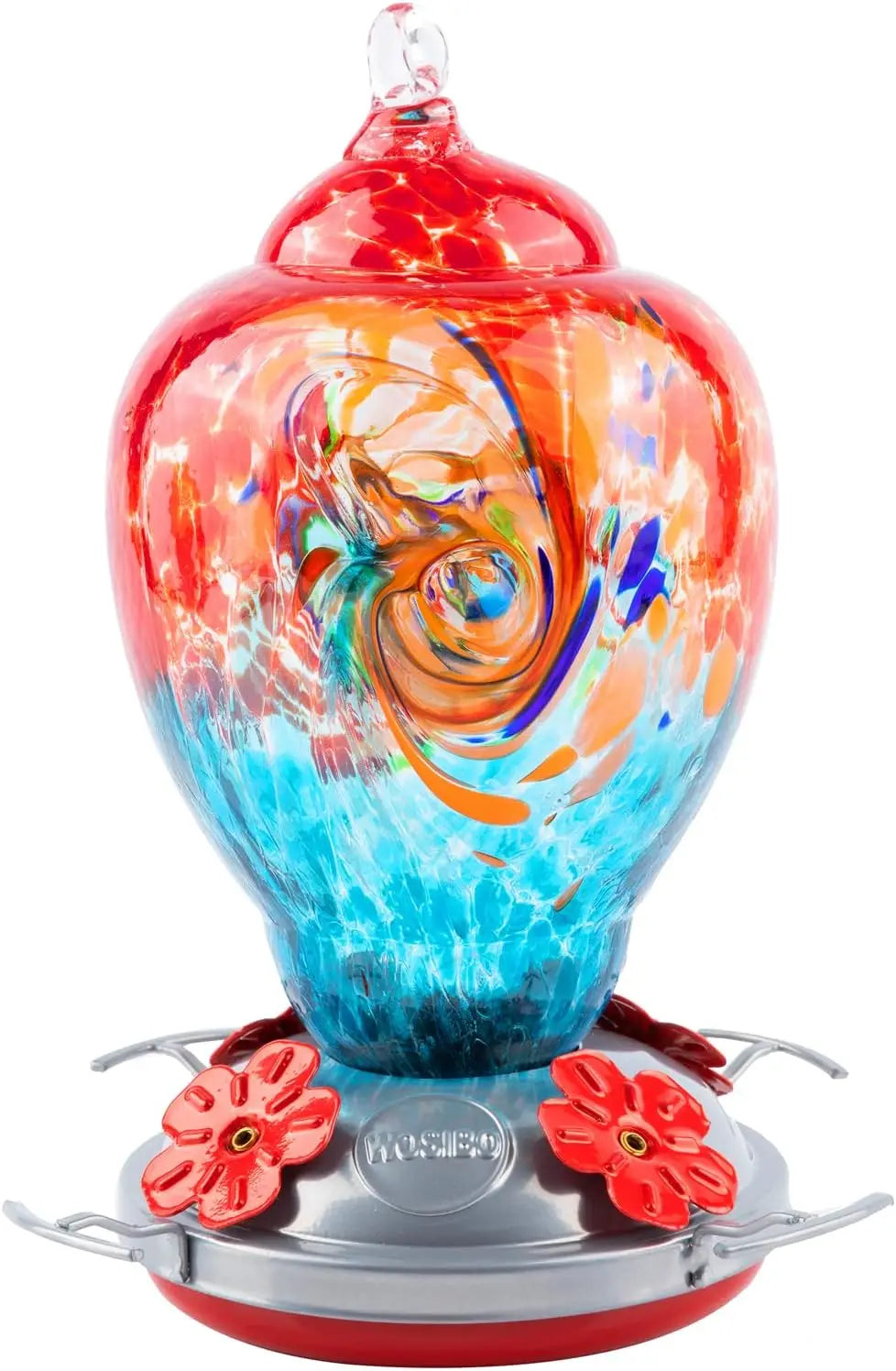 Hand Blown Glass Hummingbird Feeder With Ant Moat For Gardens